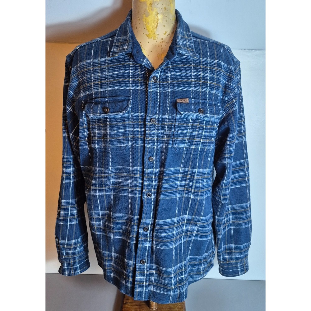Orvis Mens Flannel Double Chest Pocket Shirt Jacket XL Blue White Brown